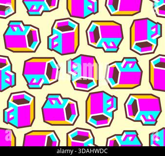Motivo pop art senza cuciture con tazze da caffè colorate con contorni audaci su sfondo rosa/viola. Sfondo dall'estetica retrò per caffè e bevande Illustrazione Vettoriale