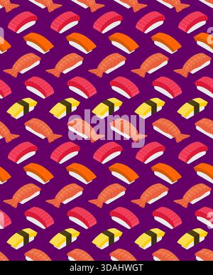 Motivo pop art senza cuciture con pezzi di sushi nigiri dalle linee audaci e colori vivaci su sfondo viola scuro. Sfondo estetico retrò per Illustrazione Vettoriale