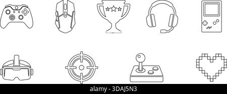 Raccolta di simboli che rappresentano i videogame, la competizione eSport e la tecnologia della realtà virtuale. Perfetto per la progettazione Web e applicazioni Illustrazione Vettoriale