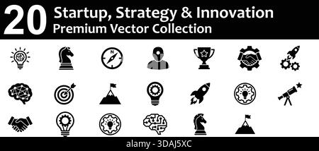 Raccolta di 20 icone vettoriali nere moderne che rappresentano la crescita delle startup, la strategia aziendale, le idee creative e l'innovazione tecnologica. Perfetto per Illustrazione Vettoriale