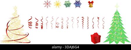 Alberi di Natale e decorazioni per albero. Set di lucenti alberi di Natale. Set di luccicanti alberi di Natale con palle, stelle e ghirlande. Illustrazione Vettoriale