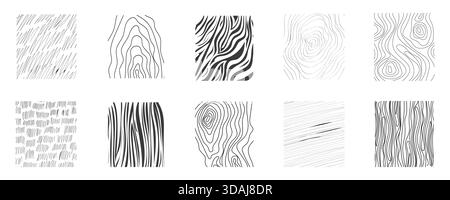 Set di texture disegnate a mano a matita da schizzo, linea di tratteggio incrociato, sfondo grunge. Tracciare tratti di grafite, linee, legno, elementi di ombreggiatura. Illustrazione vettoriale Illustrazione Vettoriale
