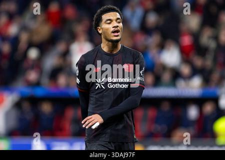 LEVERKUSEN, GERMANIA - 10 DICEMBRE: Malik Tillman (Bayer 04 Leverkusen, 10) durante la partita di UEFA Champions League tra Bayer Leverkusen e Newcastle United il giorno 6 alla BayArena il 10 dicembre 2025 a Leverkusen, Germania. Foto Stock