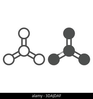 Linea struttura Atom e icona solida, concetto di fisica. Grafica vettoriale. Cartello protonico su sfondo bianco, icona di stile del contorno per la progettazione mobile o Web Illustrazione Vettoriale