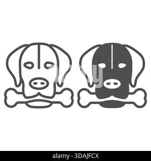 Cane che tiene l'osso nella linea della bocca e icona solida, concetto di cura degli animali domestici. Grafica vettoriale. Testa di cane con insegna ossea su sfondo bianco, icona di stile contorno per Illustrazione Vettoriale