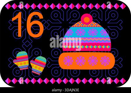 Colori neon illustrazione del calendario dell'avvento norvegese in stile vettoriale piatto con simbolo celebrativo e ornamento etnico. Cappello e guanti Illustrazione Vettoriale