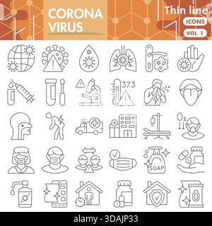 Collezione di simboli del virus corona o schizzi. icone a tema della barra coronavirus in stile sottile segni per web e app. Grafica vettoriale isolata su bianco b Illustrazione Vettoriale