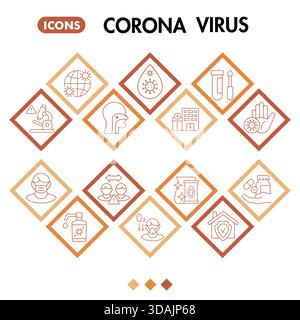 Collezione di simboli del virus corona o schizzi. Bolla quadrata a tema coronavirus in stile lineare cartelli per Web e app. Grafica vettoriale isolata su bianco Illustrazione Vettoriale