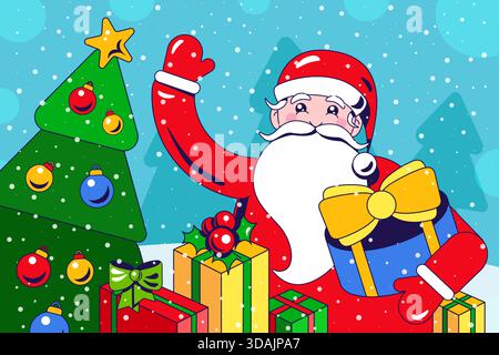 Illustrazione dei personaggi di Babbo Natale con colori brillanti in Style Flat. Atmosfera di Capodanno. Albero di Natale e regali Illustrazione Vettoriale