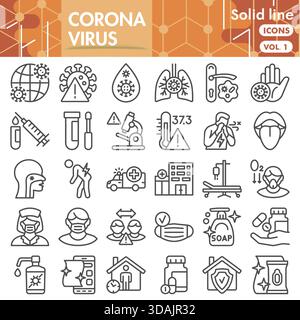 Collezione di simboli del virus corona o schizzi. icone a tema della barra coronavirus in stile lineare segni per web e app. Grafica vettoriale isolata sul retro bianco Illustrazione Vettoriale