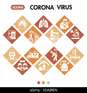 Collezione di simboli del virus corona o schizzi. Bolla quadrata a tema coronavirus in stile lineare cartelli per Web e app. Grafica vettoriale isolata su bianco Illustrazione Vettoriale