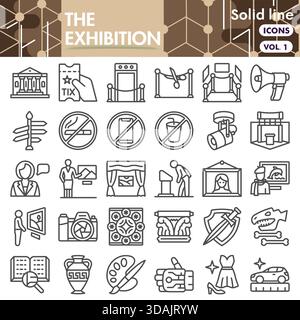 La collezione o gli schizzi dei simboli della mostra. icone a tema della barra di apertura della mostra in stile lineare insegne per web e app. Grafica vettoriale isolata su W. Illustrazione Vettoriale