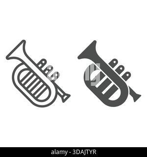 Linea tromba musicale e icona solida, concetto di strumenti musicali. Grafica vettoriale. Insegna dello strumento a flauto su sfondo bianco, icona stile contorno Illustrazione Vettoriale