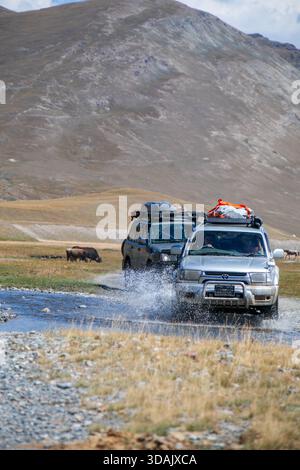 Regione di Naryn, Kirghizistan - 13 maggio 2024: Convoglio di SUV da spedizione che attraversano un torrente poco profondo con spruzzi d'acqua in alta valle Foto Stock