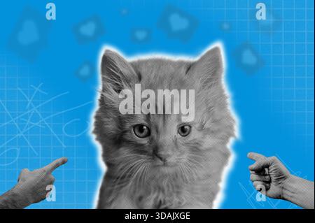 Effetto mezzitoni divertenti teste di gatto su sfondo di carta blu. Elegante stile pop rétro. Foto Stock