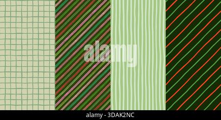 Set di motivi vettoriali senza cuciture rosso e verde, strisce diagonali e verticali e verifica sfondo per i disegni natalizi Illustrazione Vettoriale