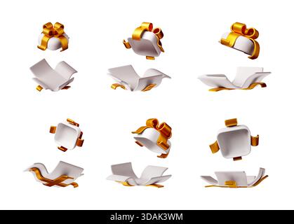Procedura di apertura del set di confezioni regalo 3D. Illustrazione Vettoriale