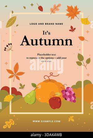 È Autunno - Fall Harvest A0-size Vector poster con foglie e frutti da raccolta, come zucca, pera, mela e uva, in uno stile semplice e carino Illustrazione Vettoriale