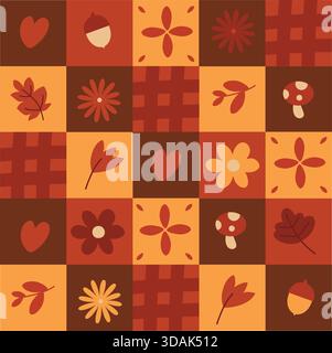 Motivo patchwork di coperta vettoriale autunnale senza cuciture in marrone, rosso e giallo: Funghi agarici, cuori, fiori e foglie stilizzati Illustrazione Vettoriale