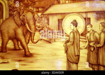 Monastero di Truc Lam Chanh Giac Zen. La vita di Buddha. Domare l'Elefante arrabbiato. CAI Lay. Vietnam. Foto Stock