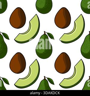 Motivo vettoriale senza cuciture con fette di avocado verde fresco e frutta intera con pozze marroni, su uno sfondo bianco pulito, che evoca un sano Illustrazione Vettoriale