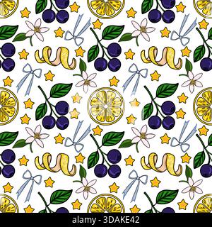 Motivo vettoriale senza cuciture con mirtilli disegnati a mano, fette di limone ed elementi floreali delicati con stelle affascinanti e dettagli a nastro. Illustrazione Vettoriale