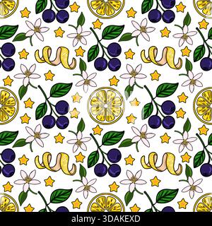 Un allegro motivo vettoriale senza cuciture con mirtilli, fette di limone, delicati fiori bianchi e stelle gialle luminose su uno sfondo bianco pulito, Illustrazione Vettoriale