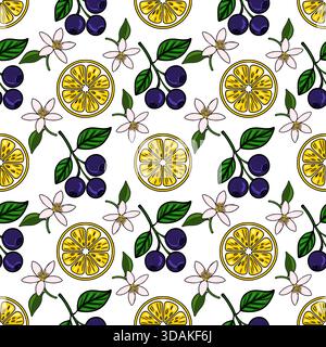 Motivo vettoriale senza cuciture con mirtilli maturi sui rami con foglie verdi e vivaci fette di limone, intervallate da delicati fiori bianchi, Illustrazione Vettoriale