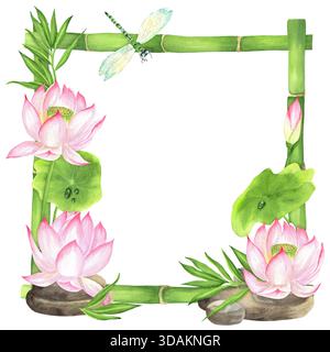 Cornice quadrata di steli e foglie di bambù verdi, fiori di loto rosa e foglie. Clipart del giardino cinese. Illustrazione ad acquerello disegnata a mano per Asian-the Foto Stock