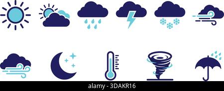 Una collezione di icone vettoriali minimaliste a due tonalità che rappresentano condizioni meteorologiche diverse, isolate sul bianco. Ideale per applicazioni meteorologiche, siti Web, Illustrazione Vettoriale