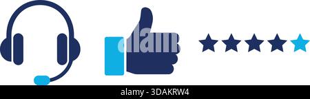 Design minimalista delle cuffie per l'assistenza clienti, dei pollici verso l'alto e delle icone di valutazione a stelle. Ideale per illustrare la qualità del servizio, il feedback e la comunicazione Illustrazione Vettoriale
