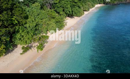 Splendida vista aerea ad alto angolo di una spiaggia di sabbia incontaminata che incontra le limpide, vibranti acque turchesi e blu intenso dell'oceano. Foto Stock