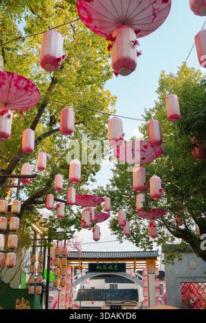 Suzhou, Cina - 16 marzo 2025: Peach Huawuli tradizionale strada dei negozi Foto Stock