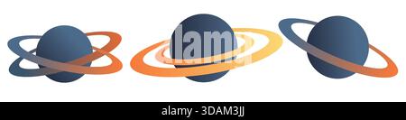 Set di clip art spaziali. Pianeti con anelli. Illustrazione disegnata a mano. Creazione scenografie, insieme di elementi. Design piatto. Illustrazione Vettoriale