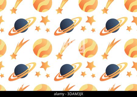 Carino schema senza cuciture con pianeti, sole, stelle. Illustrazione disegnata a mano. Design a spazio piatto. Illustrazione Vettoriale