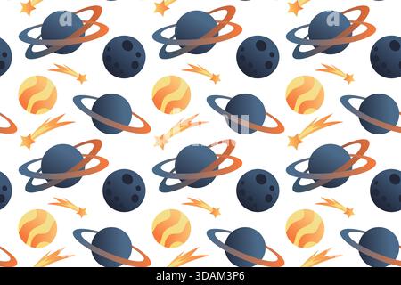 Carino schema senza cuciture con pianeti, sole, stelle. Illustrazione disegnata a mano con design a spazio piatto. Illustrazione Vettoriale