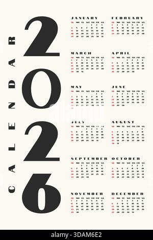 Calendario modello 2026 anni Pianificatore mensile verticale minimalista Design moderno e semplice. Illustrazione Vettoriale