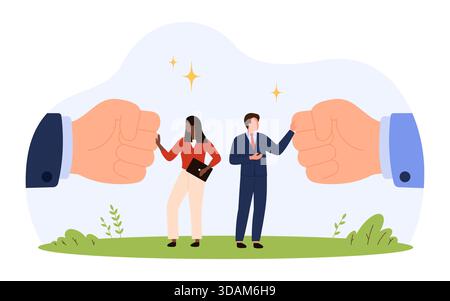 Due professionisti si trovano tra i pugni più grandi, dimostrando una comunicazione calma e una risoluzione non violenta dei conflitti in un ambiente di lavoro, un'illustrazione vettoriale isolata e piatta Illustrazione Vettoriale