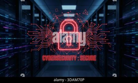 Lucchetto con linee di circuito che fluttuano in un data center buio della sala server che rappresenta la sicurezza informatica e la protezione dei dati contro hacker e malware Foto Stock