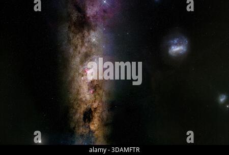 Via Lattea centrale con le grandi e piccole galassie della Nuvola Magellanica fotografate dal Kgalagai Transborder National Park, Northern Cape, South Afri Foto Stock