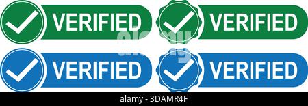 Raccolta di badge con segno di spunta verificato per approvazione ufficiale, autenticazione e convalida dell'identità Illustrazione Vettoriale