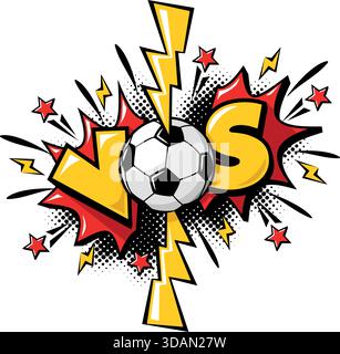 Segno VS con fulmini e pallone da calcio. Divisorio per presentare le squadre di una partita di calcio. Modello vettoriale su sfondo trasparente Illustrazione Vettoriale