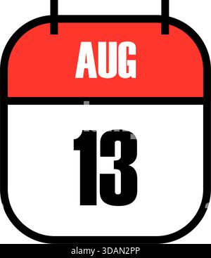 Pagina di calendario rossa e bianca che mostra la data del 13 agosto per la giornata Internazionale dei Lefthandri e la Festa della donna celebrazione globale e grafica dell'indipendenza Illustrazione Vettoriale