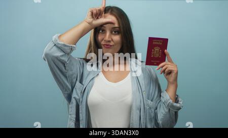 Donna in possesso di un passaporto spagnolo e che fa un cartello sulla fronte in blu studio; giocosa sicurezza di viaggio. Foto Stock