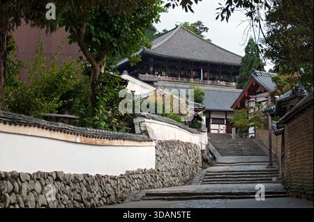 Antica atmosfera del sentiero a gradini posteriore di Urasando (裏参道) che conduce alla sala di costruzione del tempio Nigatsudo (二月堂) di Todaiji (東大寺) a Nara, in Giappone. Foto Stock