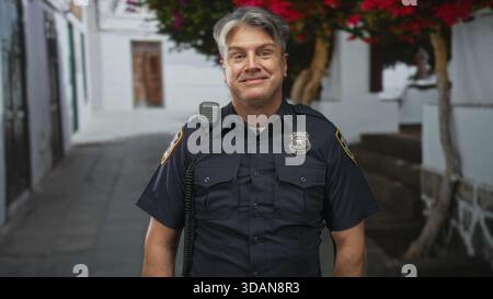 Agente di polizia in piedi con il distintivo visibile e gli occhi chiusi in strade strette sotto alberi fioriti; riflesso calmo. Foto Stock