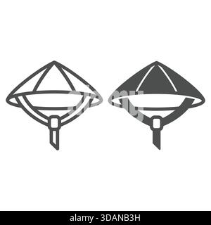 Cappello vietnamita con linea di cravatta e icona solida, concetto di copricapo etnico. Grafica vettoriale. Insegna del cappello contadino su sfondo bianco, icona di stile del contorno per la folla Illustrazione Vettoriale