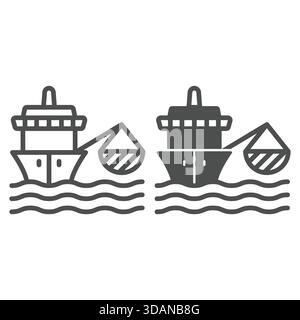 Nave con linea di rete e icona continua, concetto di pesca. Grafica vettoriale. Insegna del pescatore in mare su sfondo bianco, icona di stile contorno per dispositivi mobili o. Illustrazione Vettoriale