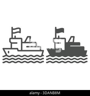 Fisher man Ship line e icona solida, concetto di pesca. Grafica vettoriale. Insegna della barca a vela su sfondo bianco, icona stile contorno per dispositivi mobili o Web Illustrazione Vettoriale