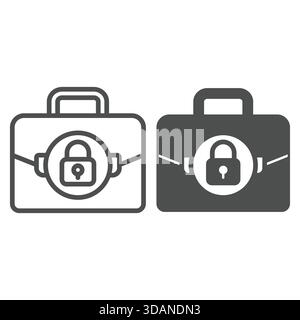 Valigetta con linea di blocco sicura e icona continua, documenta il concetto di sicurezza. Grafica vettoriale. Cartello con lucchetto per borsa portafogli su sfondo bianco, stile contorno Illustrazione Vettoriale
